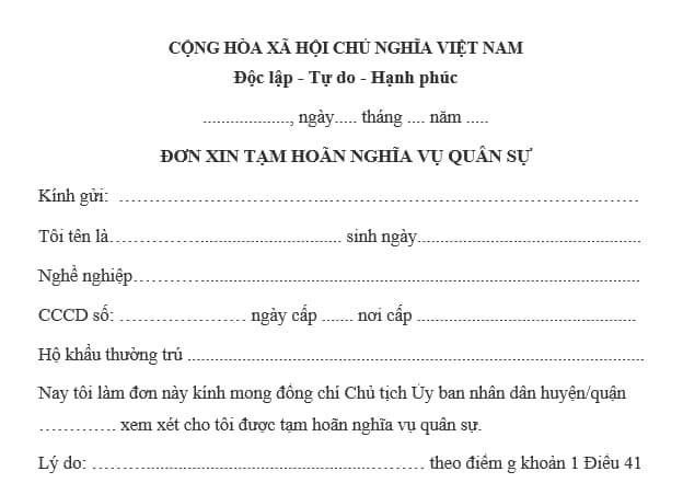Mẫu Đơn Xin Tạm Hoãn Nghĩa Vụ Quân Sự Theo Quy Định Mới Nhất
