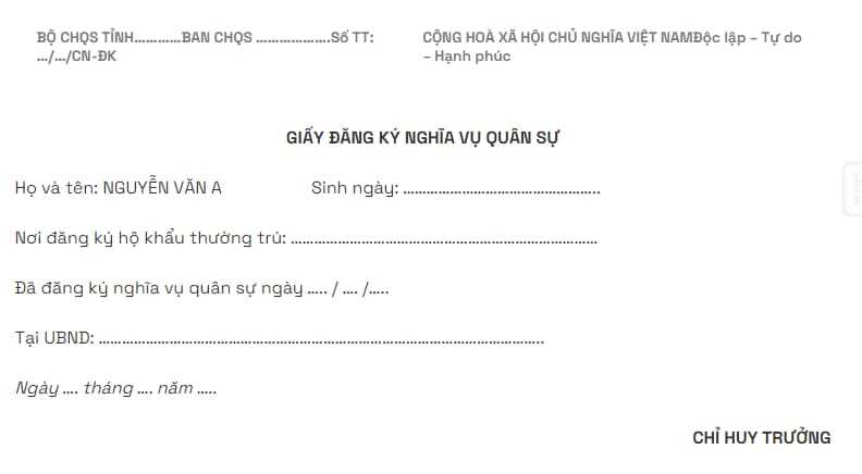 Mẫu giấy chứng nhận đăng ký nghĩa vụ quân sự mà bạn có thể tham khảo